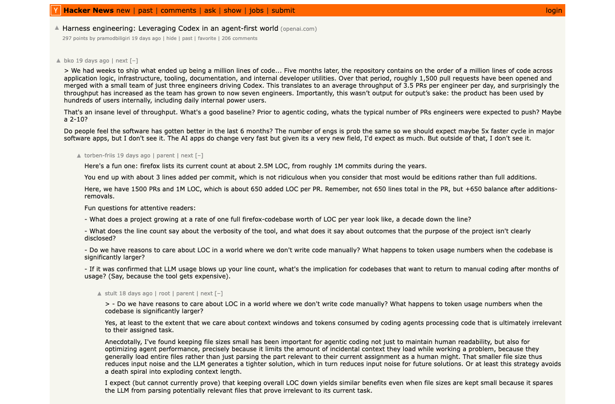 Hacker News discussion on harness engineering — leveraging Codex in an agent-first world
