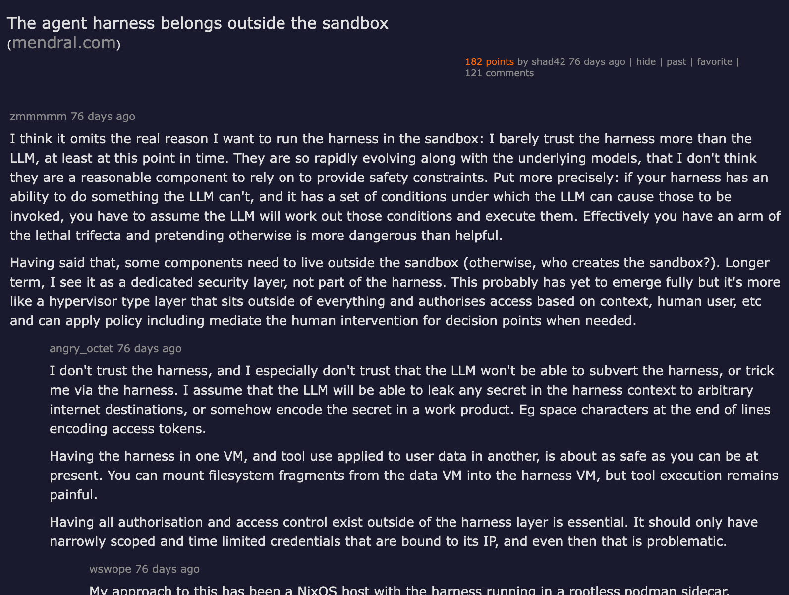 Hacker News thread — The agent harness belongs outside the sandbox — arguing durable state must survive sandbox teardown