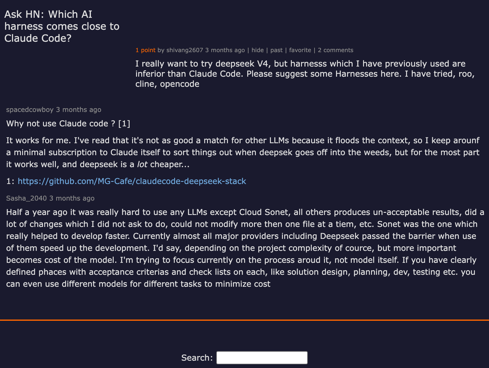Hacker News Ask HN thread — Which AI harness comes close to Claude Code?