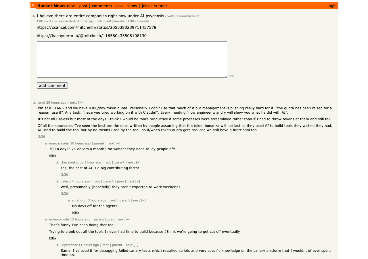 Hacker News thread for Mitchell Hashimoto's AI-psychosis post — #1 of the day with 1,687 points and 908 comments, top comment escalating from companies to society