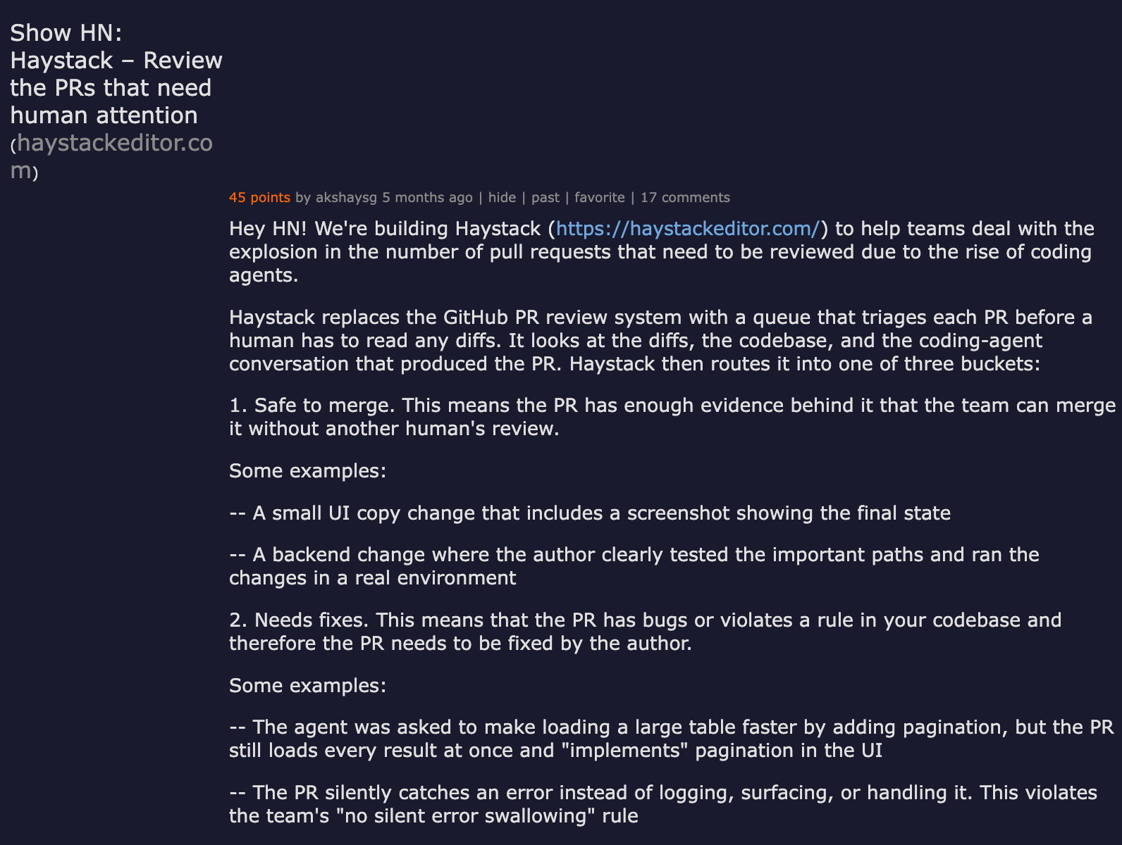 Hacker News thread: Show HN: Haystack — Review the PRs that need human attention, 45 points, 17 comments