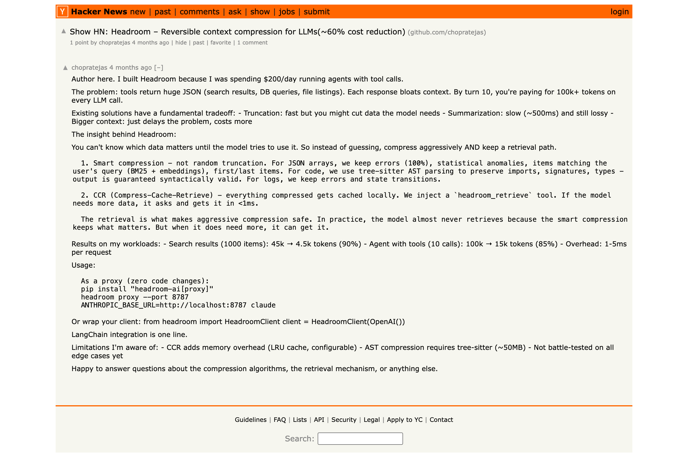 Show HN launch thread for headroom