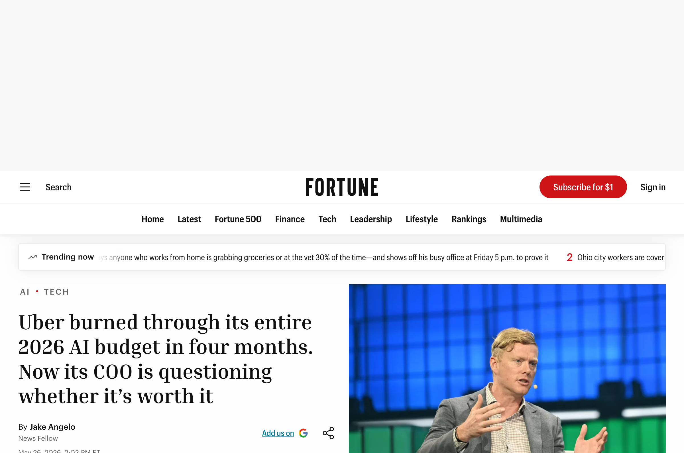 Uber Fortune article about AI coding budget blowout
