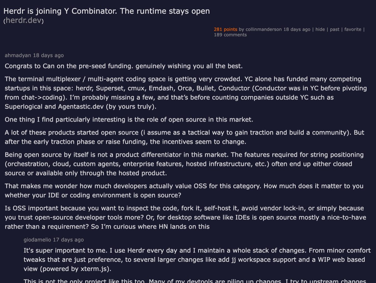 Hacker News thread — Herdr is joining Y Combinator, discussing the crowded agent IDE competitive landscape including Orca
