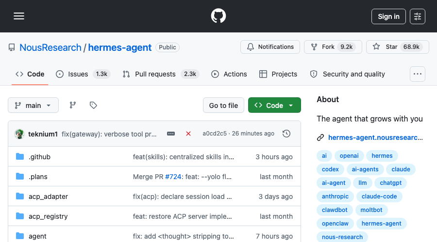 NousResearch/hermes-agent on GitHub — 65K stars, #1 trending April 12 2026