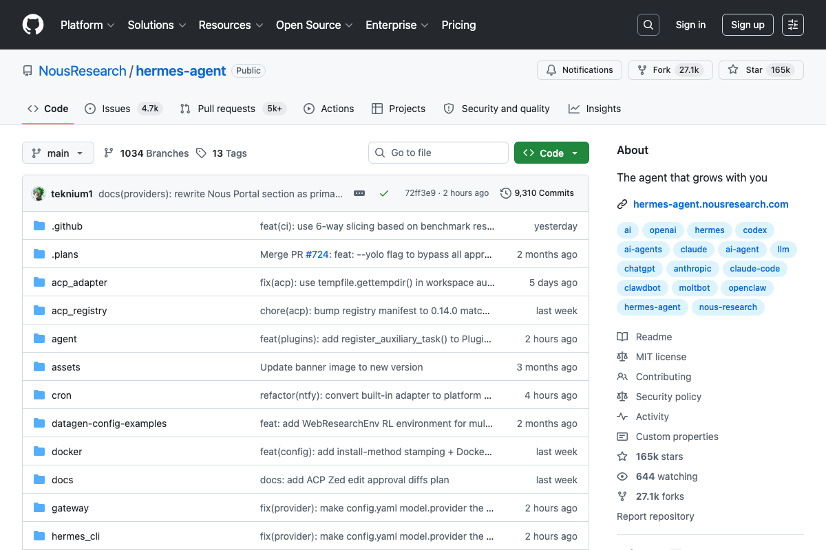 NousResearch/hermes-agent — coding agent trending on GitHub the same week as codegraph