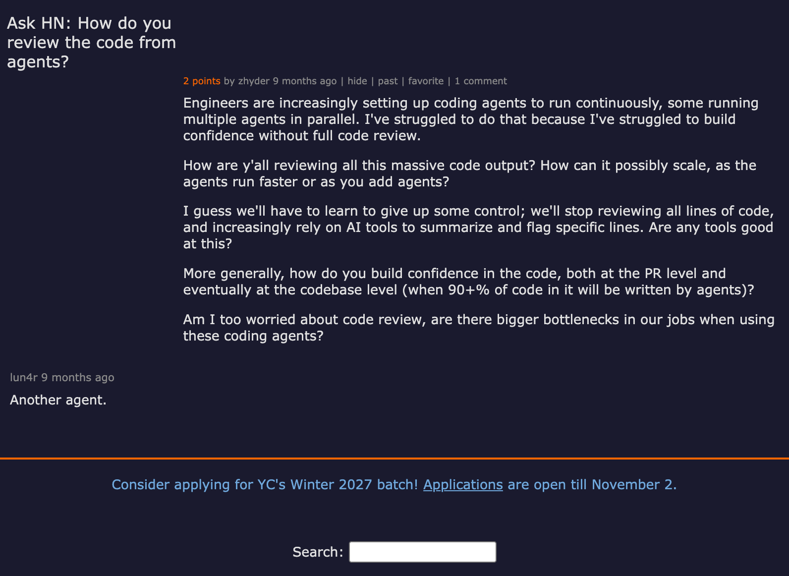 Ask HN: How do you review the code from agents? Discussion thread on Hacker News