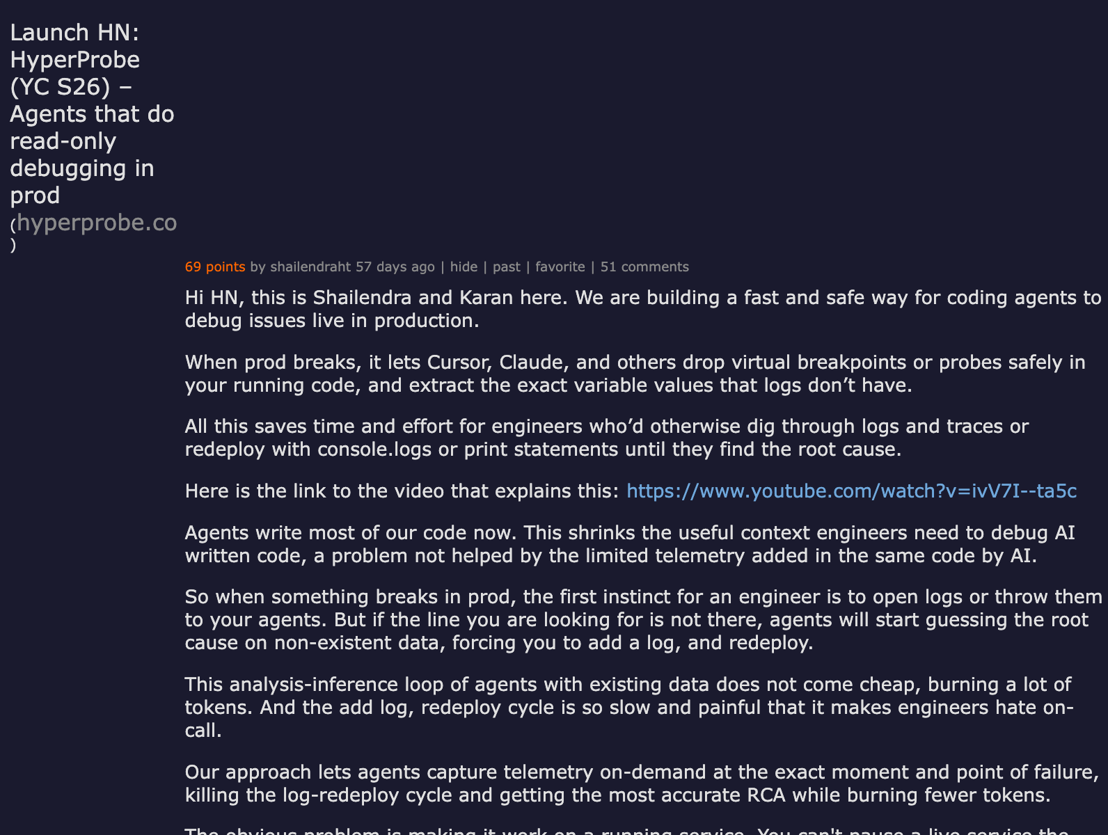 Hacker News discussion — HyperProbe: Agents that do read-only debugging in production, 69 points