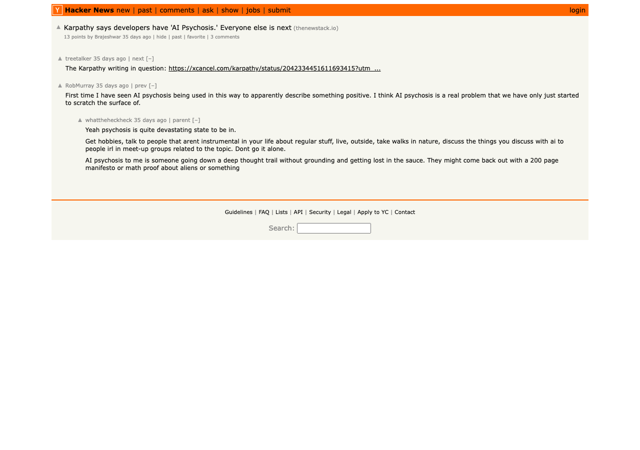Hacker News thread on Karpathy says developers have AI Psychosis — discussion of developer overreliance and the limits of failure imagination