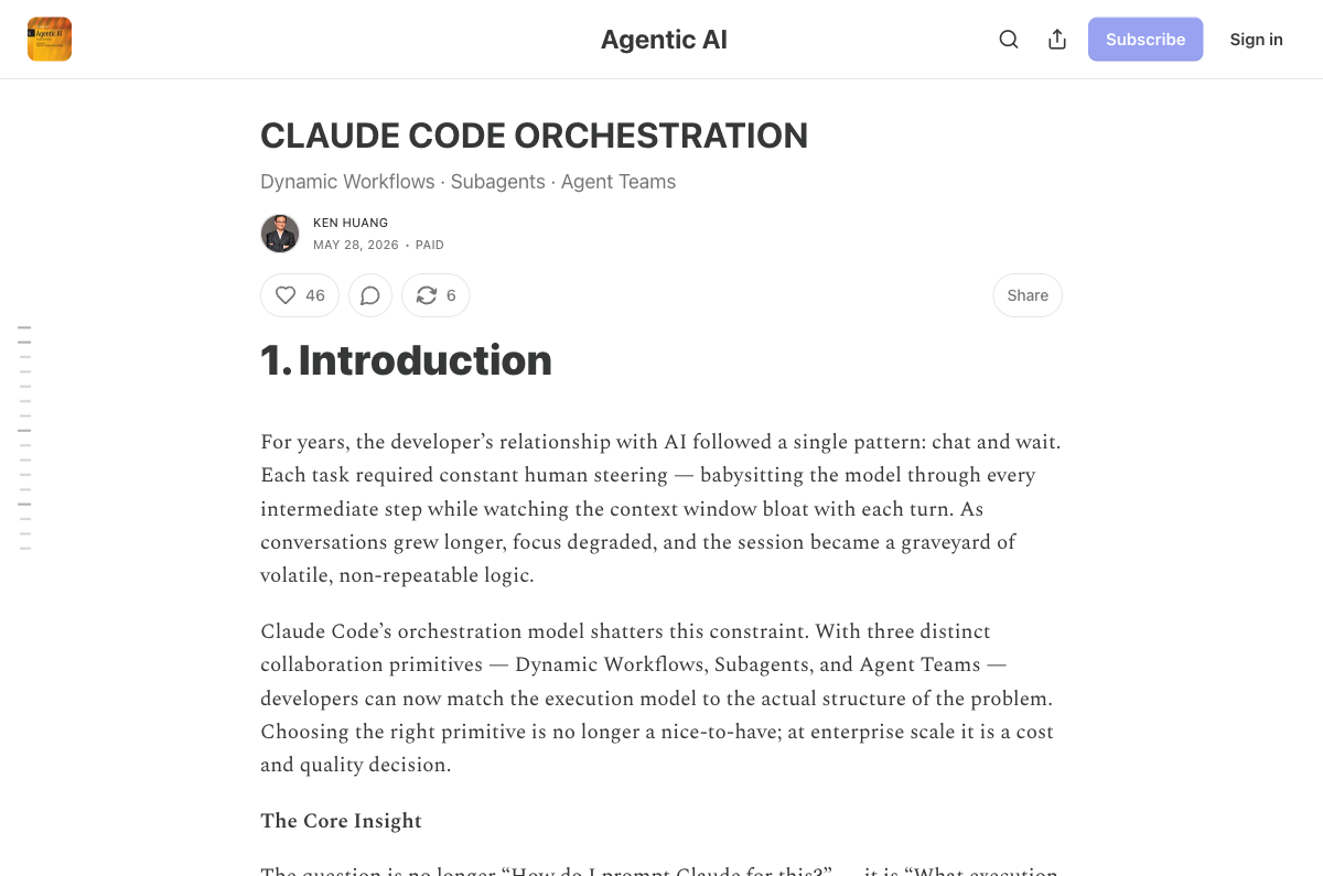 Ken Huang's Substack analysis of Claude Code orchestration patterns — dynamic workflows, subagents, and agent teams as three distinct primitives