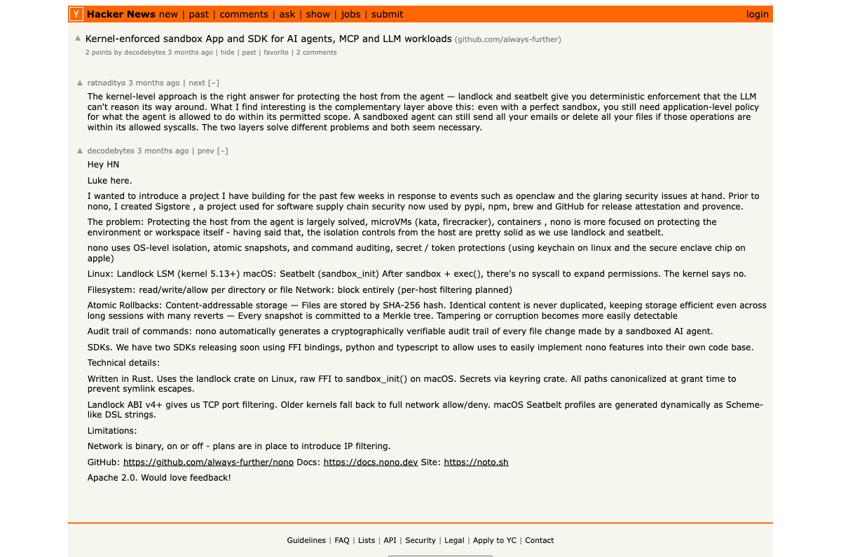 Hacker News thread discussing kernel-enforced sandboxing for AI agents and MCP workloads