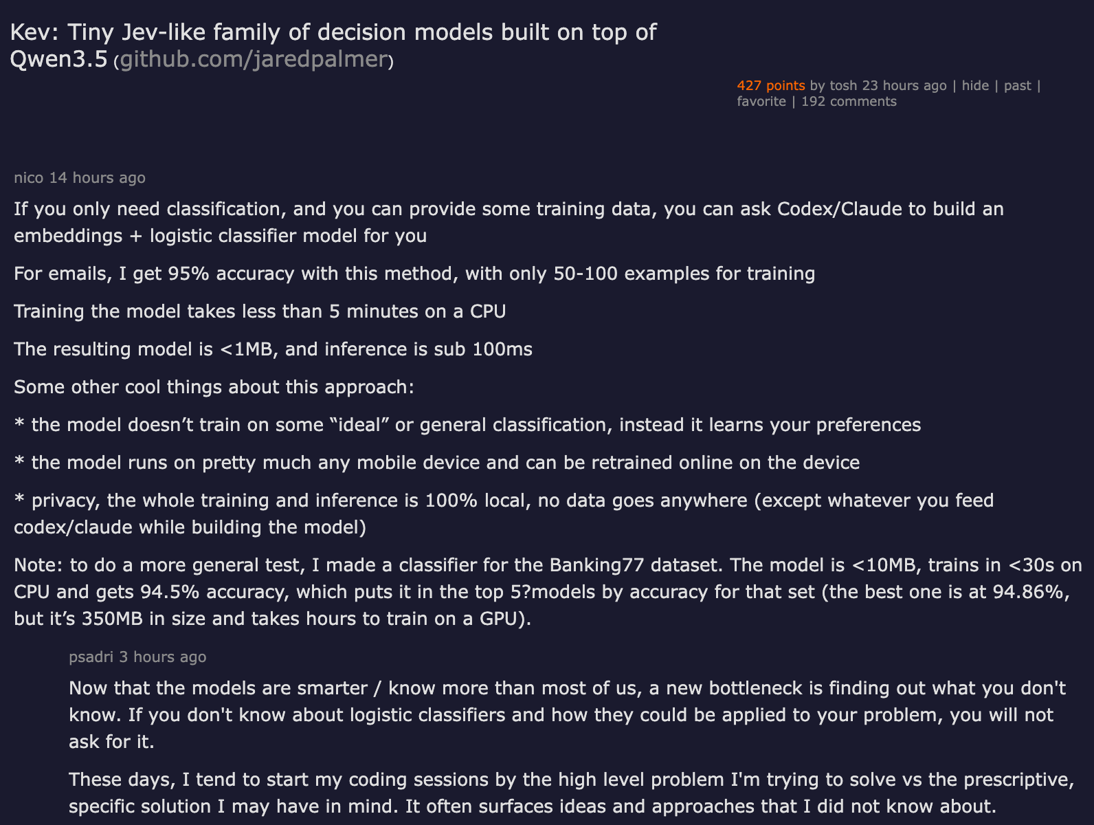 Hacker News thread on Kev, a Jev-like model family built on Qwen3.5, where a commenter reports 95% email accuracy from an embeddings plus logistic classifier trained on only 50-100 examples