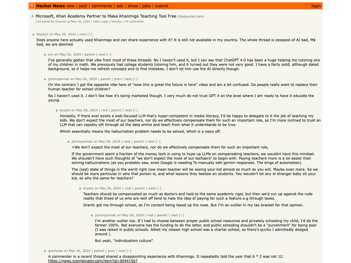 Hacker News thread on Microsoft Khan Academy partnership to make Khanmigo free for teachers — 134 points, 74 comments, with the top comments framing the unit-economics problem and the math-hallucination concerns
