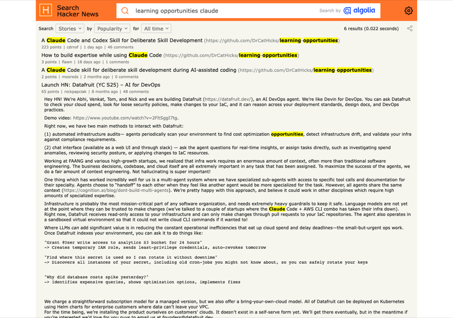 HN search results for learning-opportunities — the DrCatHicks bundle landed at HN #8 with 184 points, the learning-skill vertical's primary signal of the cycle