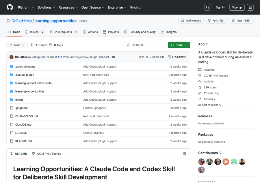 DrCatHicks/learning-opportunities GitHub repository — learning skills bundle covering curriculum design, retrieval practice, spaced repetition prompts, and worked-example generation for AI tutoring use cases