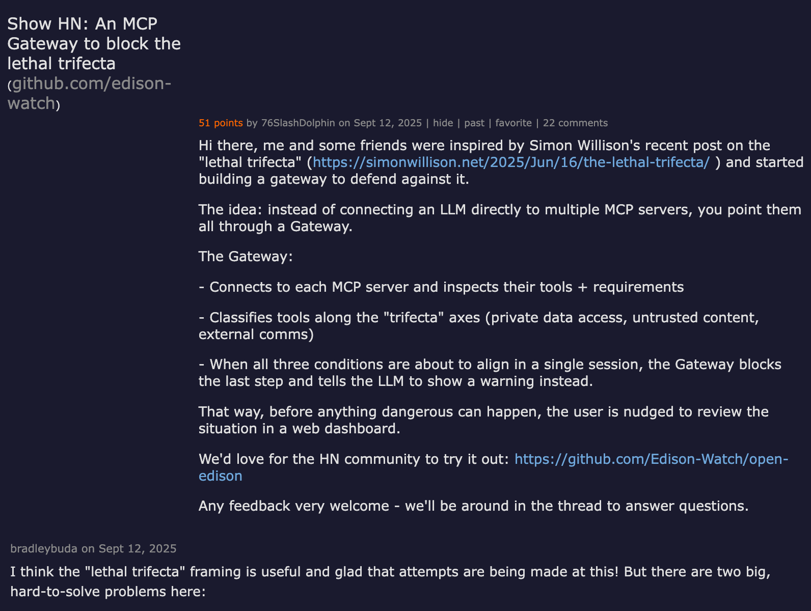 Hacker News thread — Show HN: An MCP Gateway to block the lethal trifecta, discussing capability boundaries for AI agents