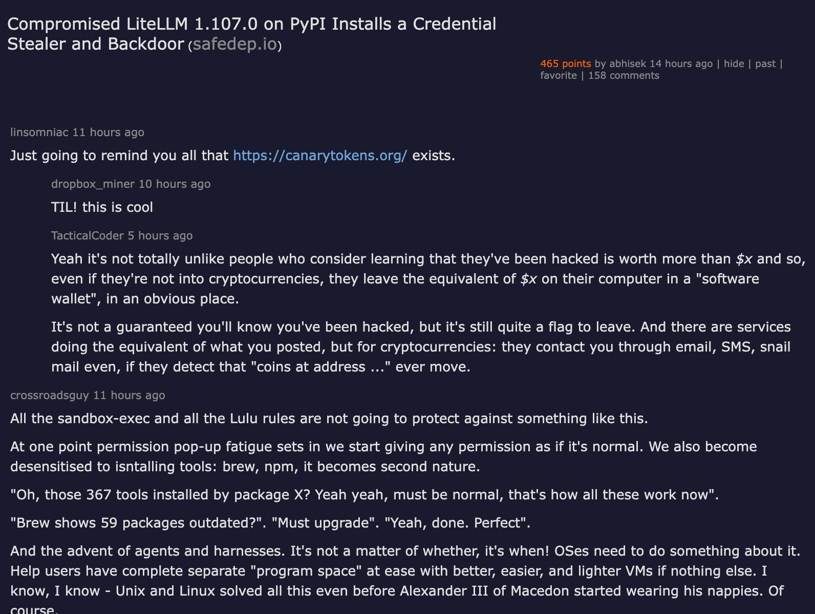 Hacker News thread — Compromised LiteLLM 1.107.0 on PyPI Installs a Credential Stealer and Backdoor, 465 points, 158 comments