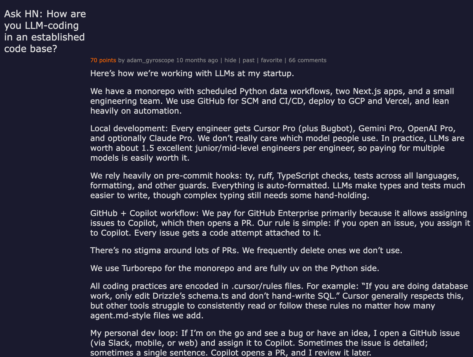 Ask HN: How are you LLM-coding in an established code base? 70 points, 66 comments