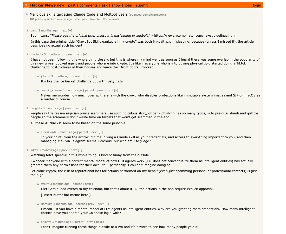 HN thread — Malicious skills targeting Claude Code and Moltbot users, security-as-validation framing