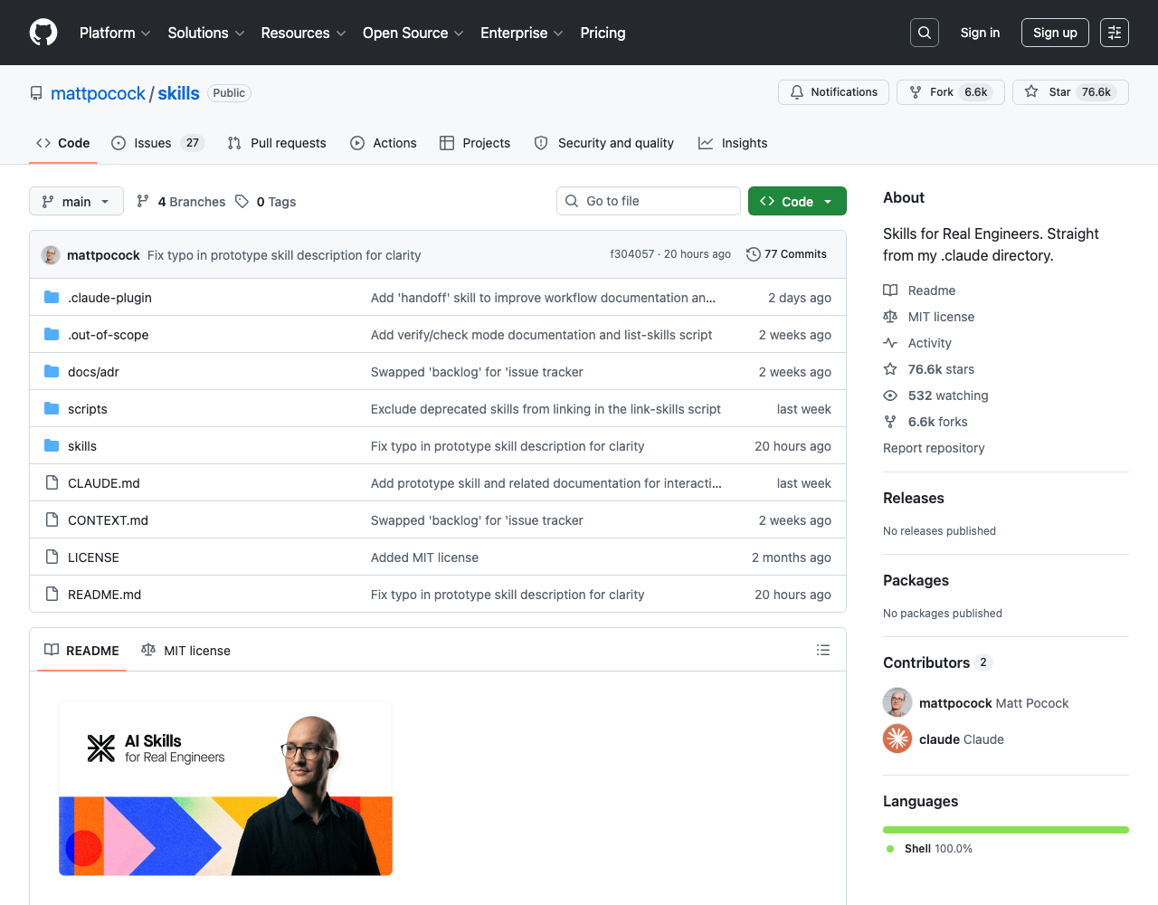 GitHub repository mattpocock/skills — Skills for Real Engineers, straight from my .claude directory, GitHub trending May 2026 with +3,886 stars per day