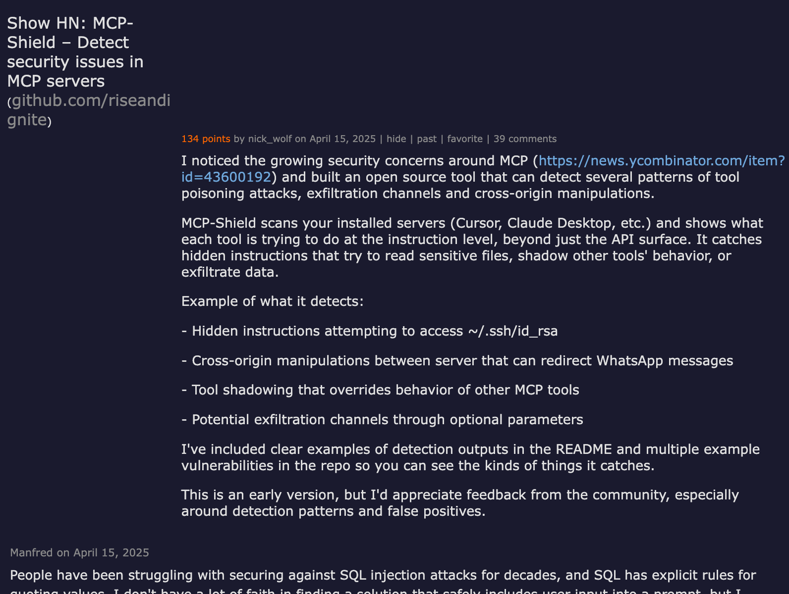 Hacker News thread: Show HN MCP-Shield — Detect security issues in MCP servers — 134 points, 39 comments