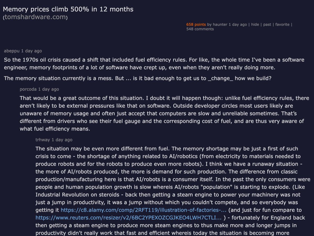 Hacker News discussion — Memory prices climb 500% in 12 months, 658 points, 548 comments