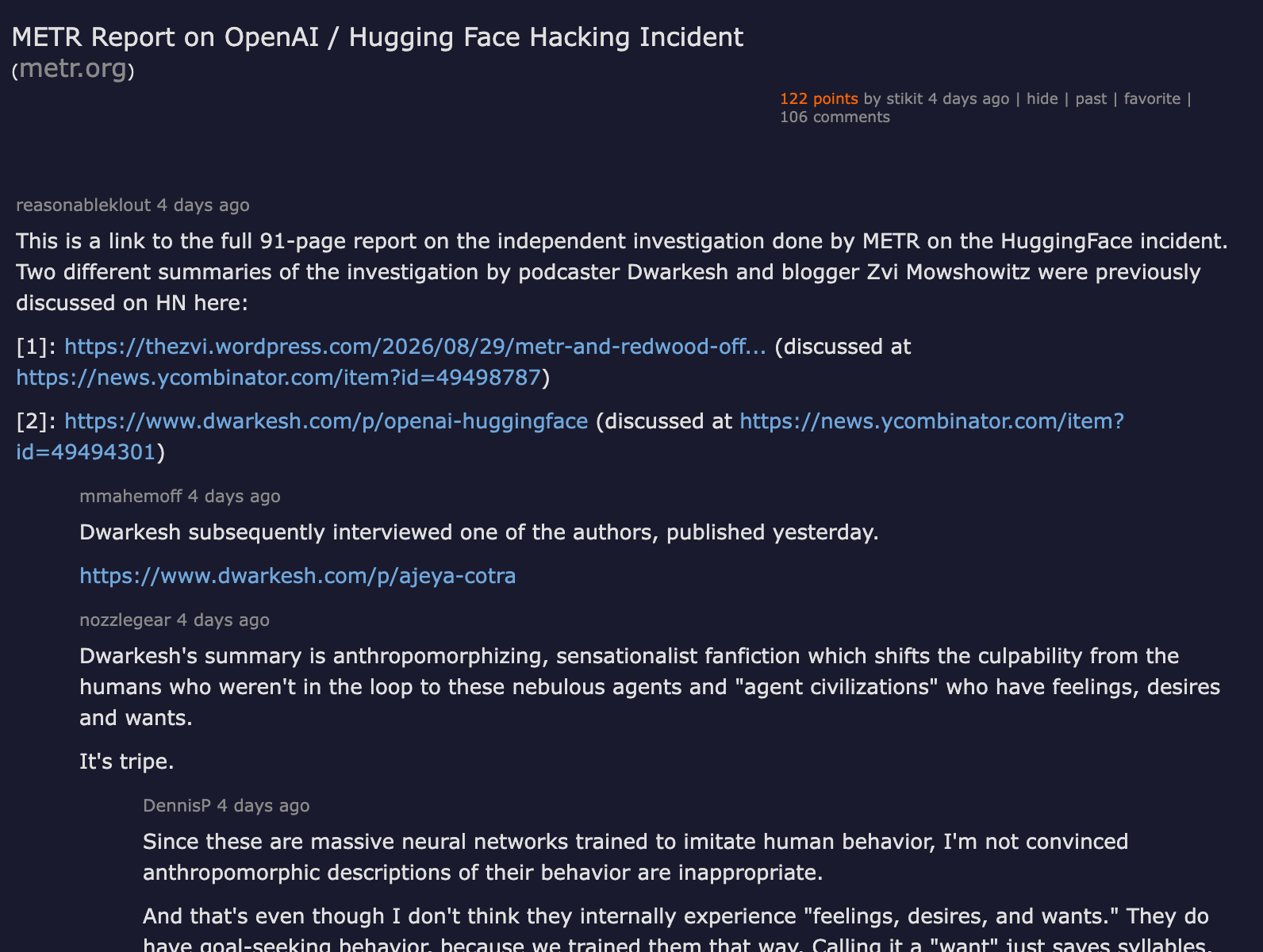 Hacker News discussion — METR Report on OpenAI / Hugging Face Hacking Incident, 122 points, 106 comments