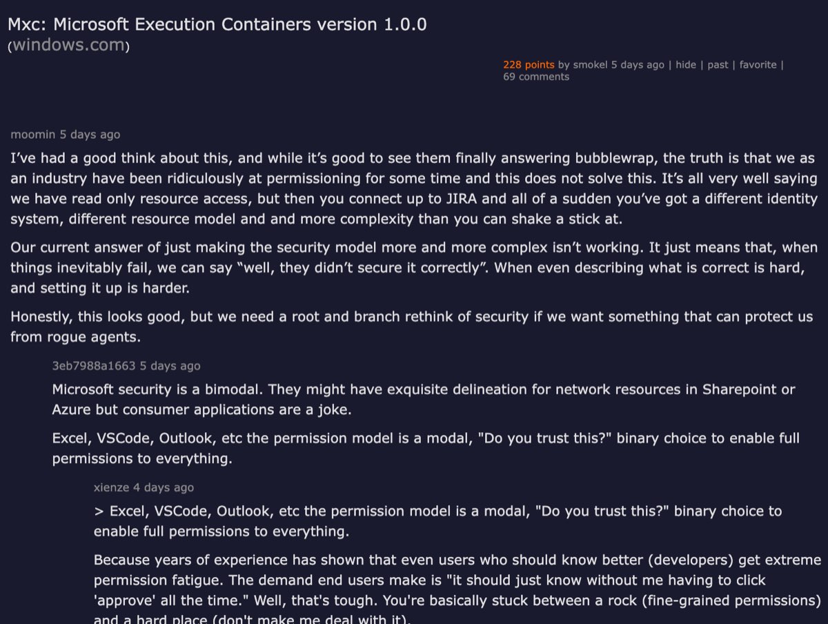 Hacker News discussion on Microsoft's policy-driven containment for AI agents — practitioners debating the unsolved problem of agent sandboxing