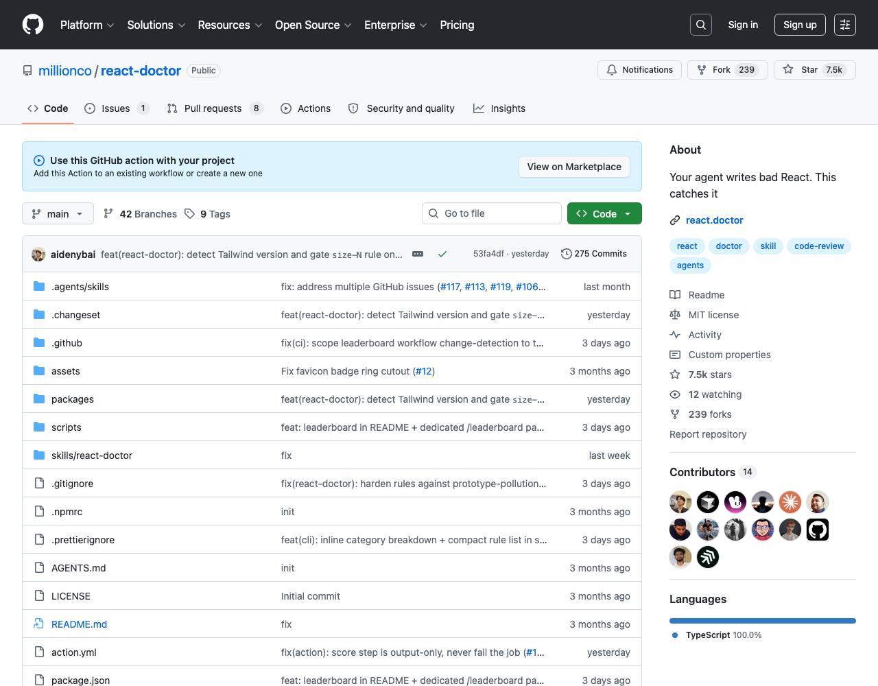 GitHub repository millionco/react-doctor — Your agent writes bad React. This catches it. May 2026 trending project.