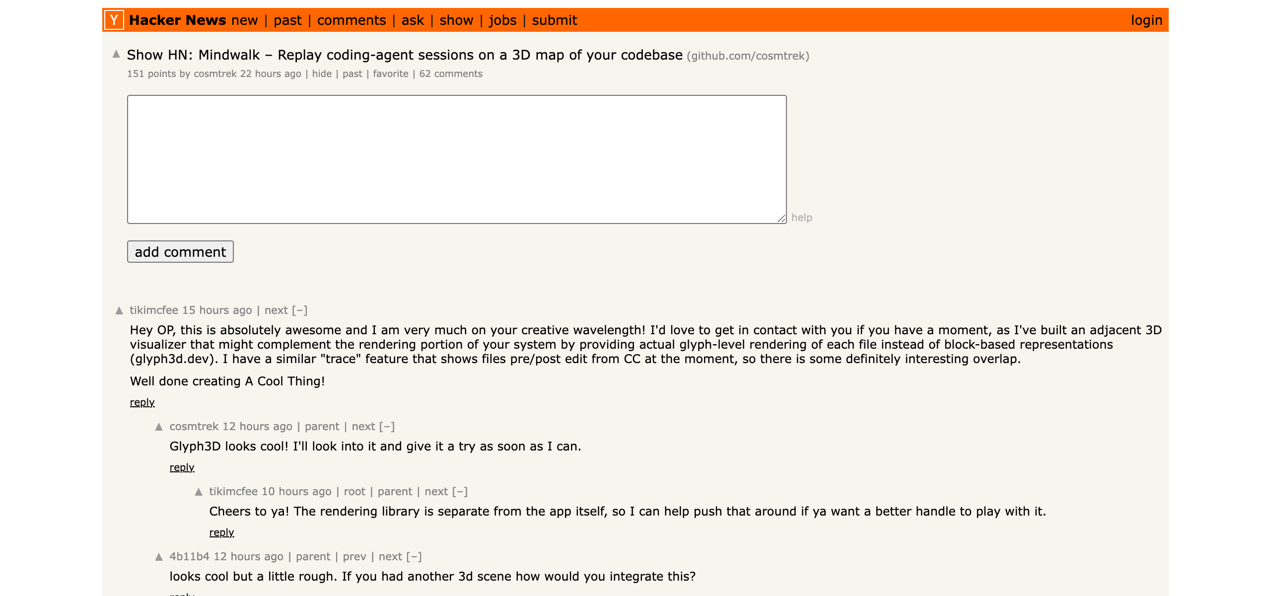 Hacker News thread — Show HN: Mindwalk, replay coding-agent sessions on a 3D map of your codebase, 134 points