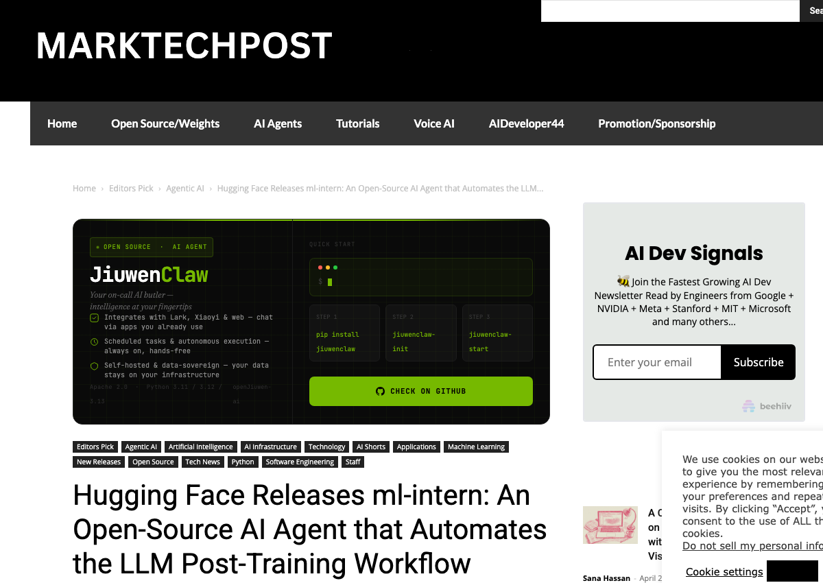 MarkTechPost: Hugging Face releases ml-intern, open-source AI agent that automates LLM post-training — GPQA 32% vs Claude Code 22.99%