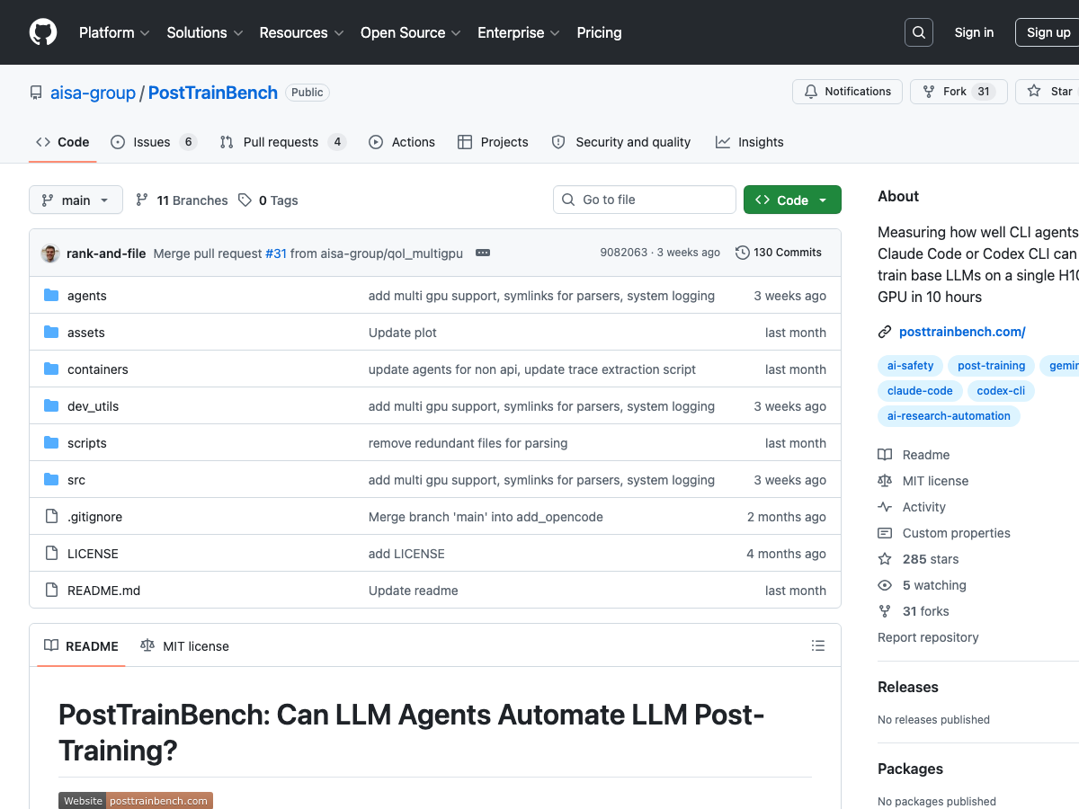 PostTrainBench GitHub — benchmark testing CLI agents on post-training base LLMs in 10 hours on H100