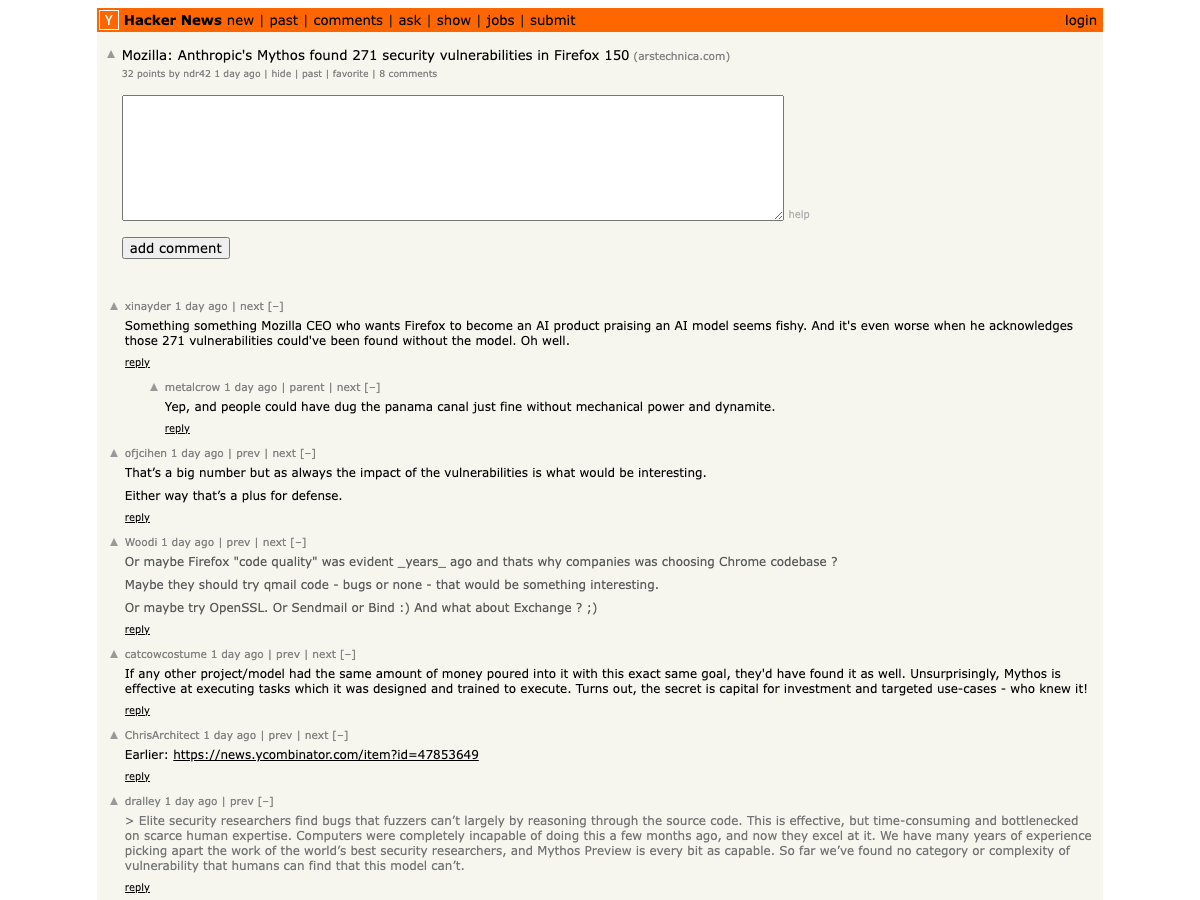 Hacker News discussion — Mozilla Used Anthropic's Mythos to Find and Fix 271 Bugs in Firefox