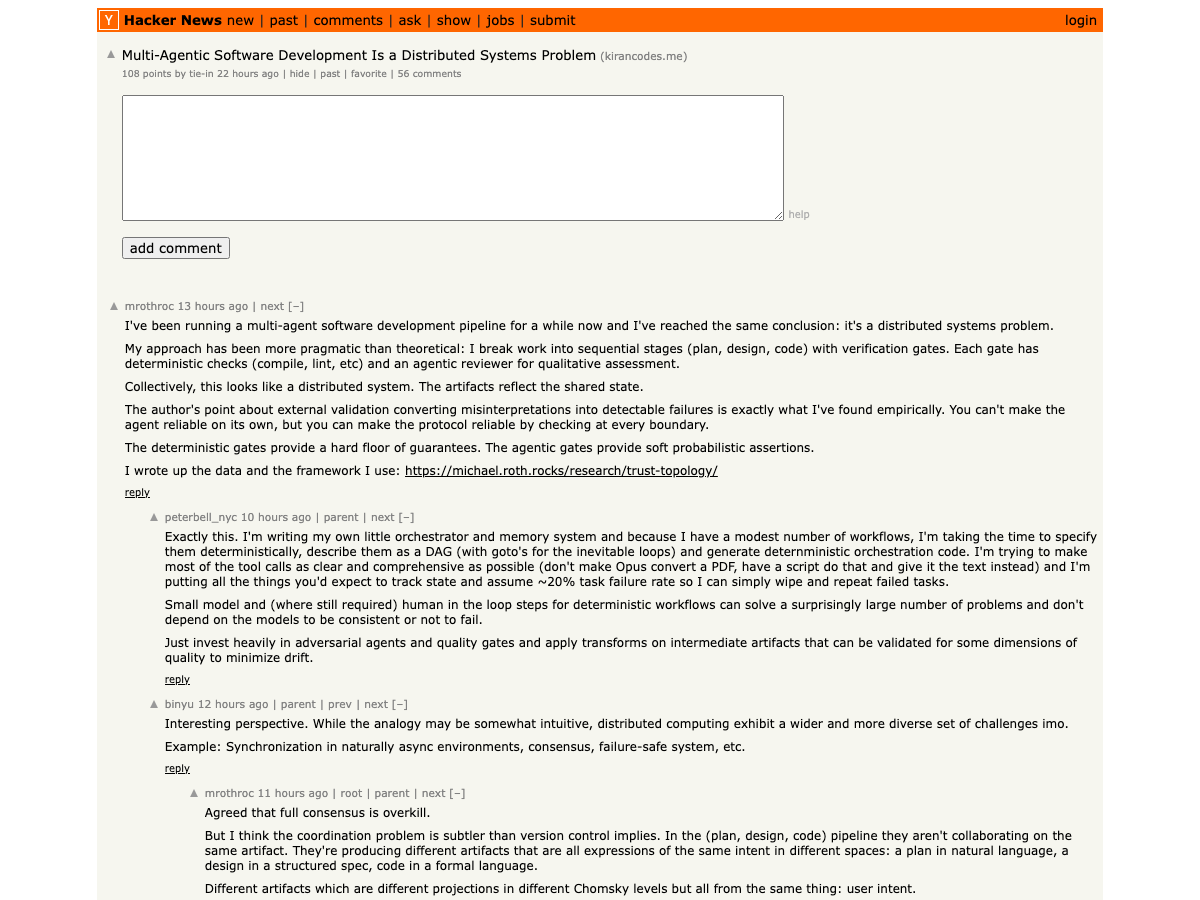 HN: Multi-Agentic Software Development Is a Distributed Systems Problem — 93 points, April 14 2026