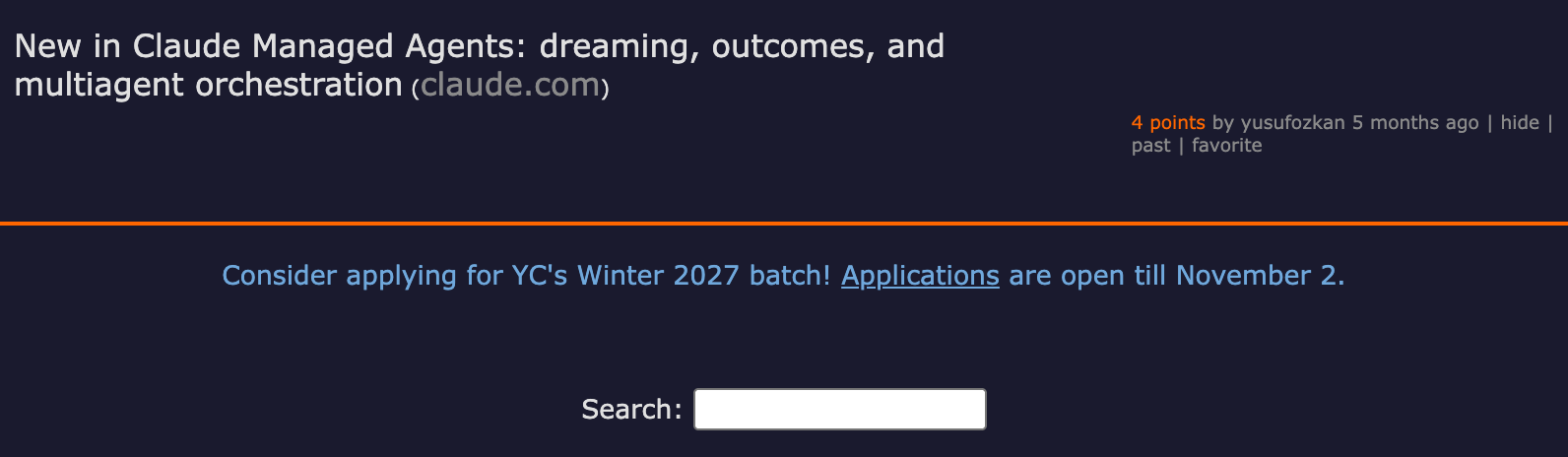 Hacker News thread on multiagent orchestration in Claude Managed Agents — discussing dreaming, outcomes, and dynamic workflow features