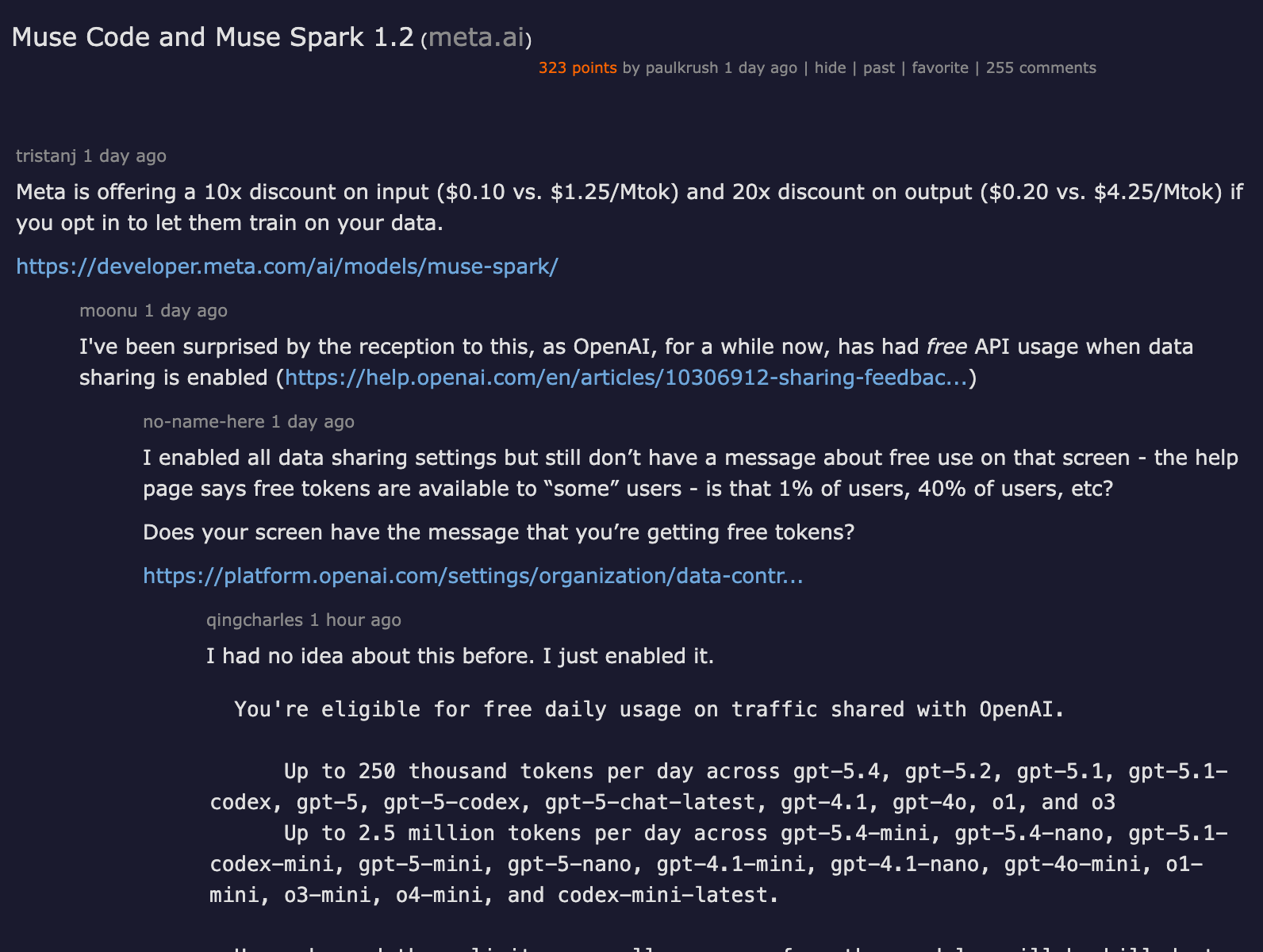 Hacker News discussion — Muse Code and Muse Spark 1.2 with 323 points and 255 comments debating contributor pricing and trust