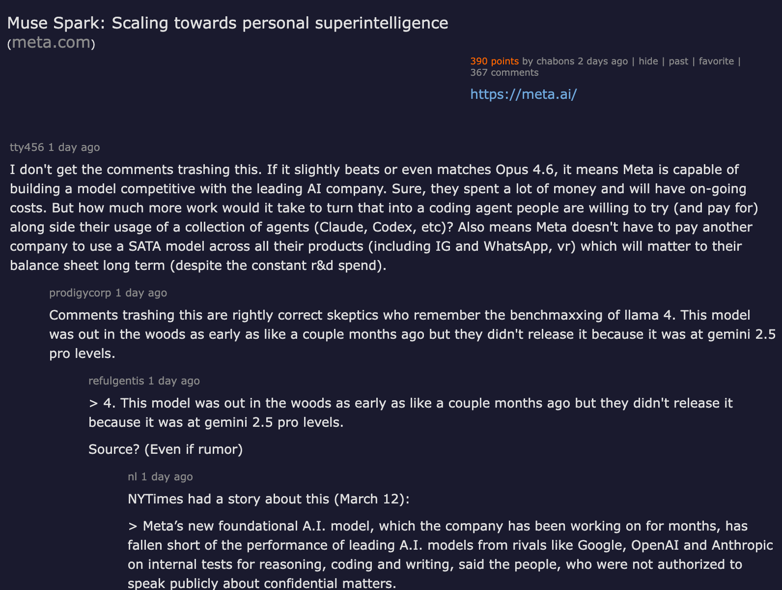 Hacker News thread on Meta Muse Spark launch — developer reactions on agentic capabilities, API access, and benchmark credibility