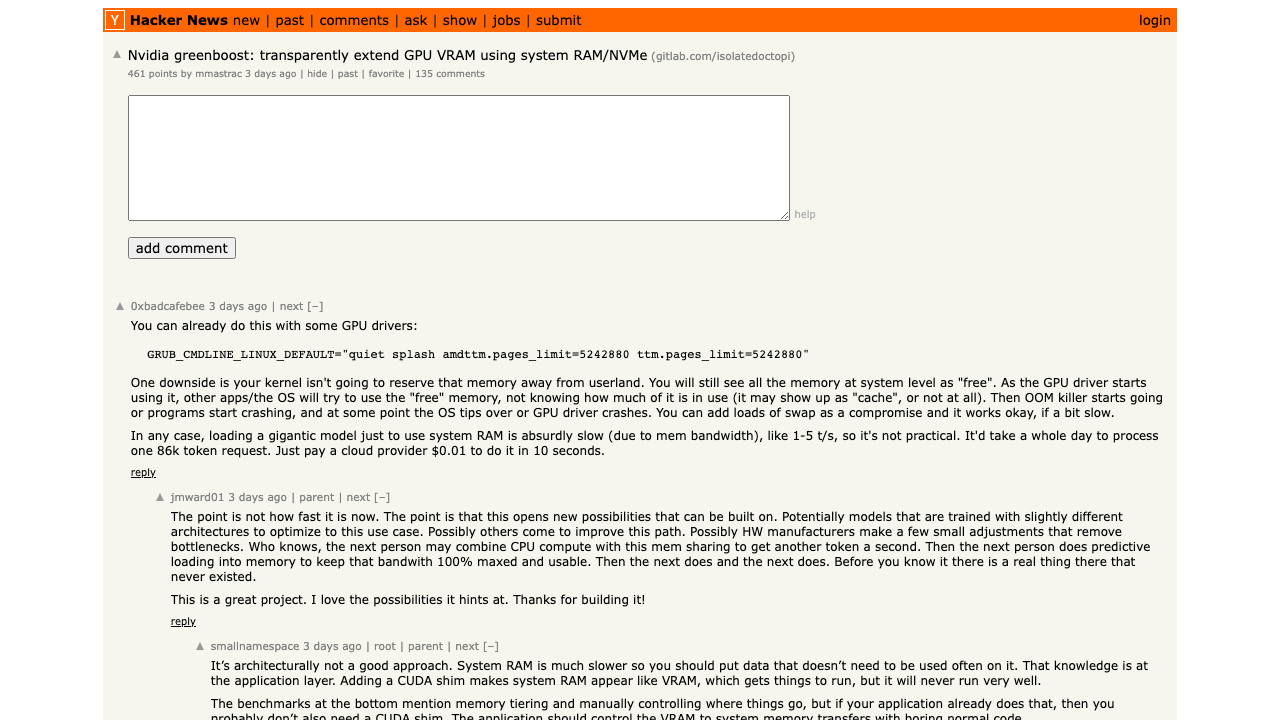 HN discussion: NVIDIA Greenboost — extend GPU VRAM with system RAM/NVMe