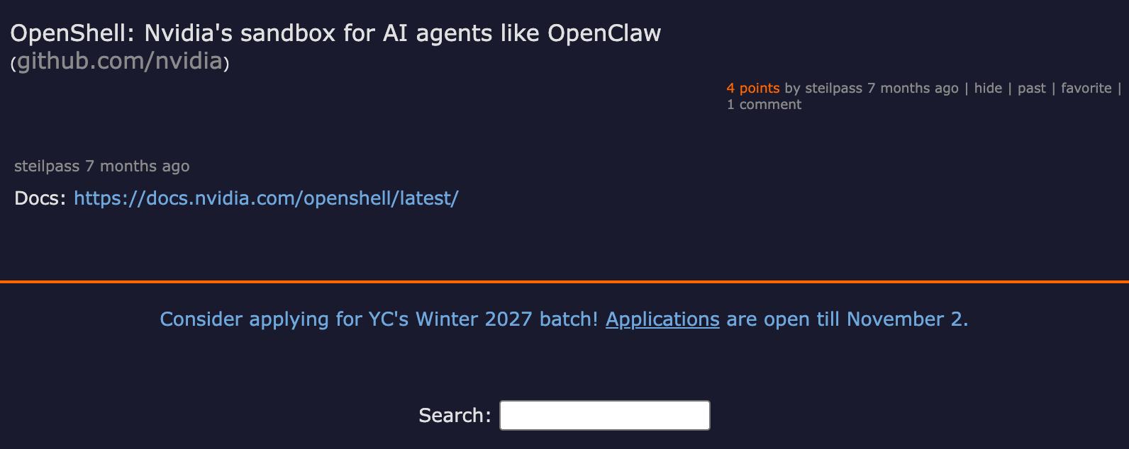 Hacker News thread on NVIDIA OpenShell — sandbox for AI agents discussion