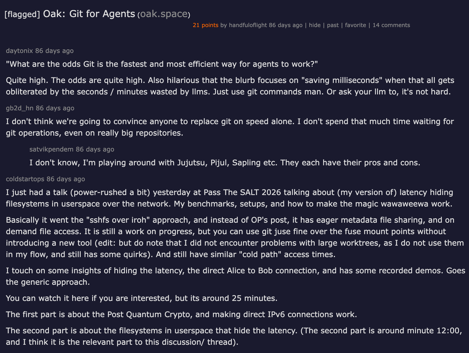 Oak: Git for Agents — Hacker News discussion on session-based version control for coding agents