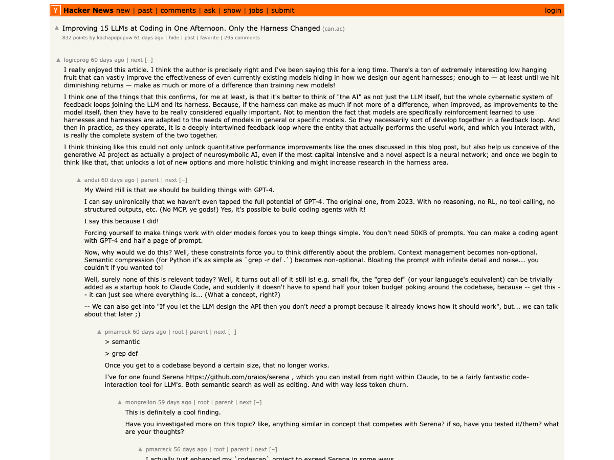 HN: Improving 15 LLMs at Coding in One Afternoon — only the harness changed, not the models
