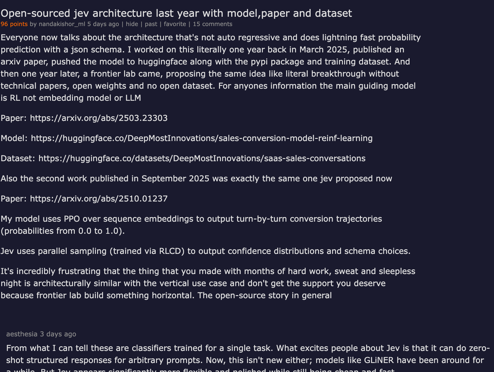 Hacker News post Open-sourced jev architecture last year with model, paper and dataset, the Laya author's prior-art claim