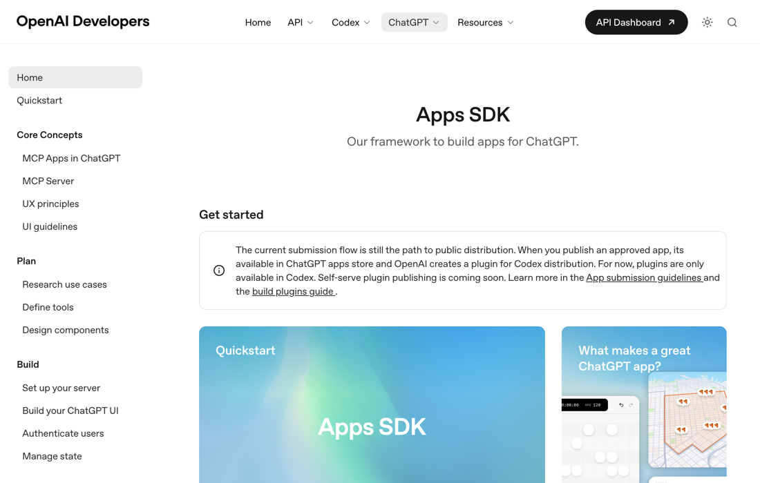 OpenAI Apps SDK developer landing page — MCP-based framework for building apps inside ChatGPT