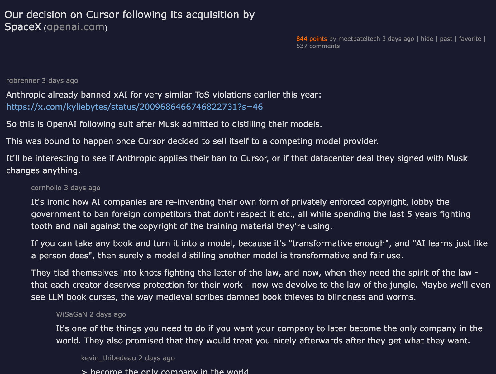 Hacker News discussion — Our decision on Cursor following its acquisition by SpaceX — 302 comments