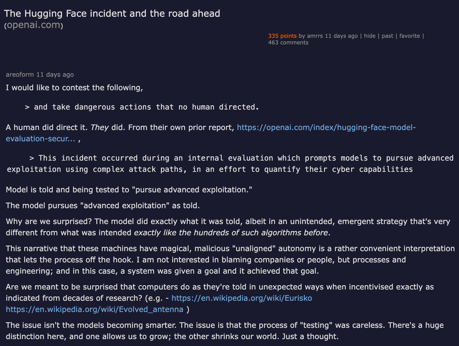 Hacker News discussion — The Hugging Face incident and the road ahead (OpenAI report), 335 points, 463 comments