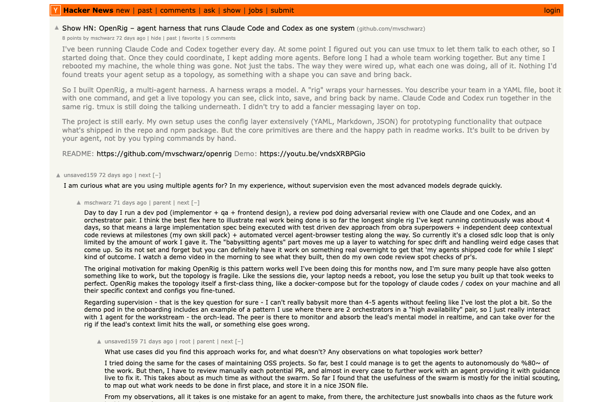 Hacker News discussion on OpenRig — multi-agent harness running Claude Code and Codex as one system