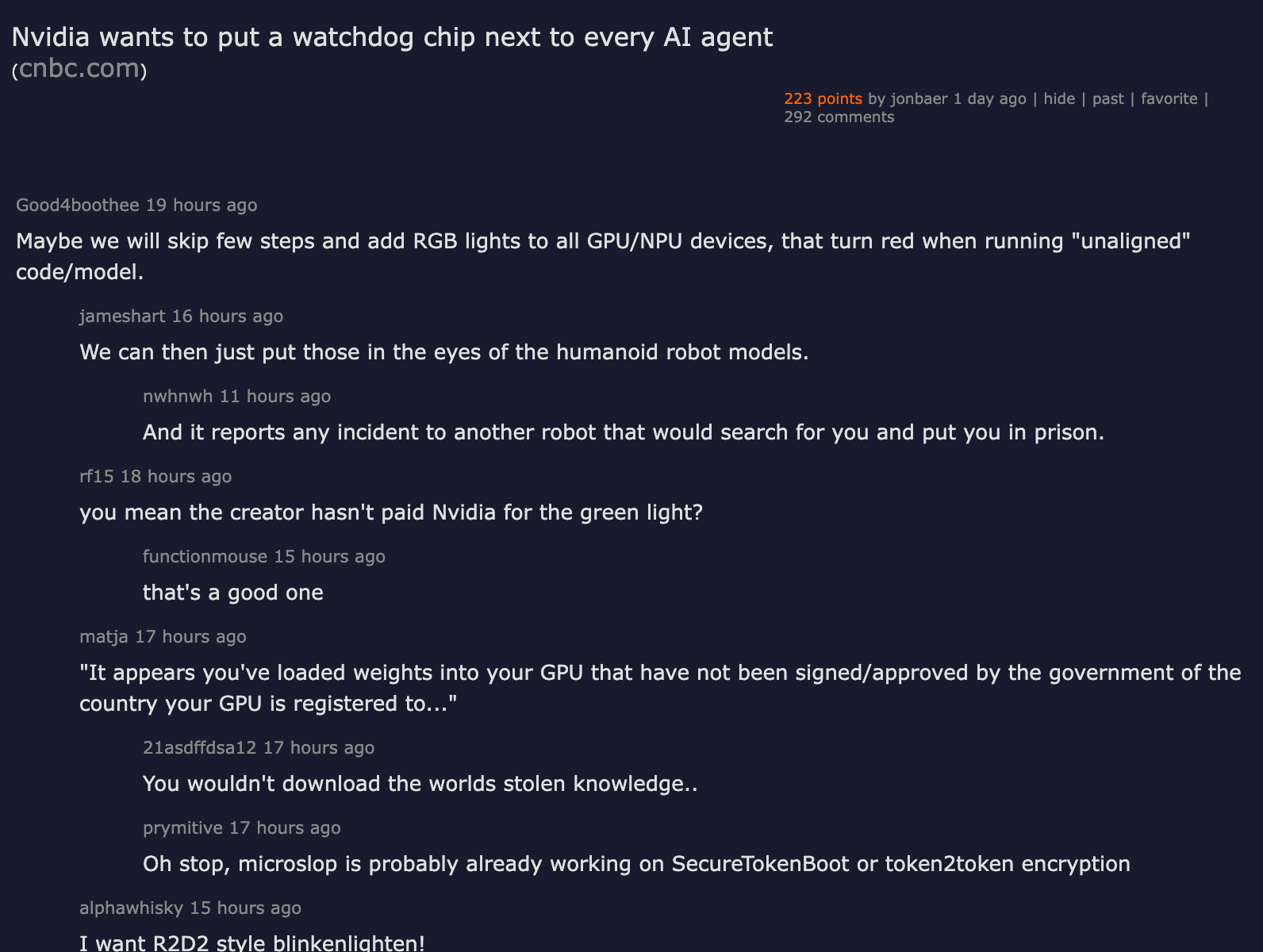 Hacker News thread — Nvidia wants to put a watchdog chip next to every AI agent, 223 points, 292 comments