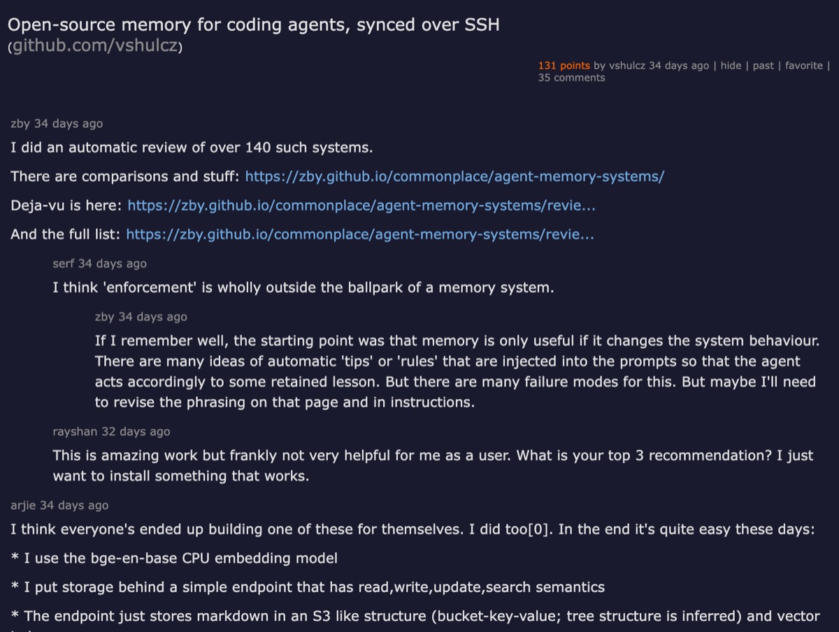 Hacker News — Open-source memory for coding agents, 131 points, with top comment: I think everyone has ended up building one of these for themselves