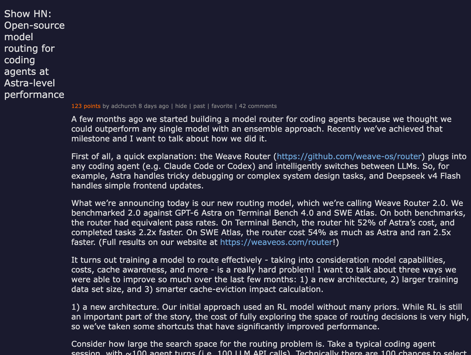 Hacker News — Show HN: Open-source model routing for coding agents at Astra-level performance (123 points)