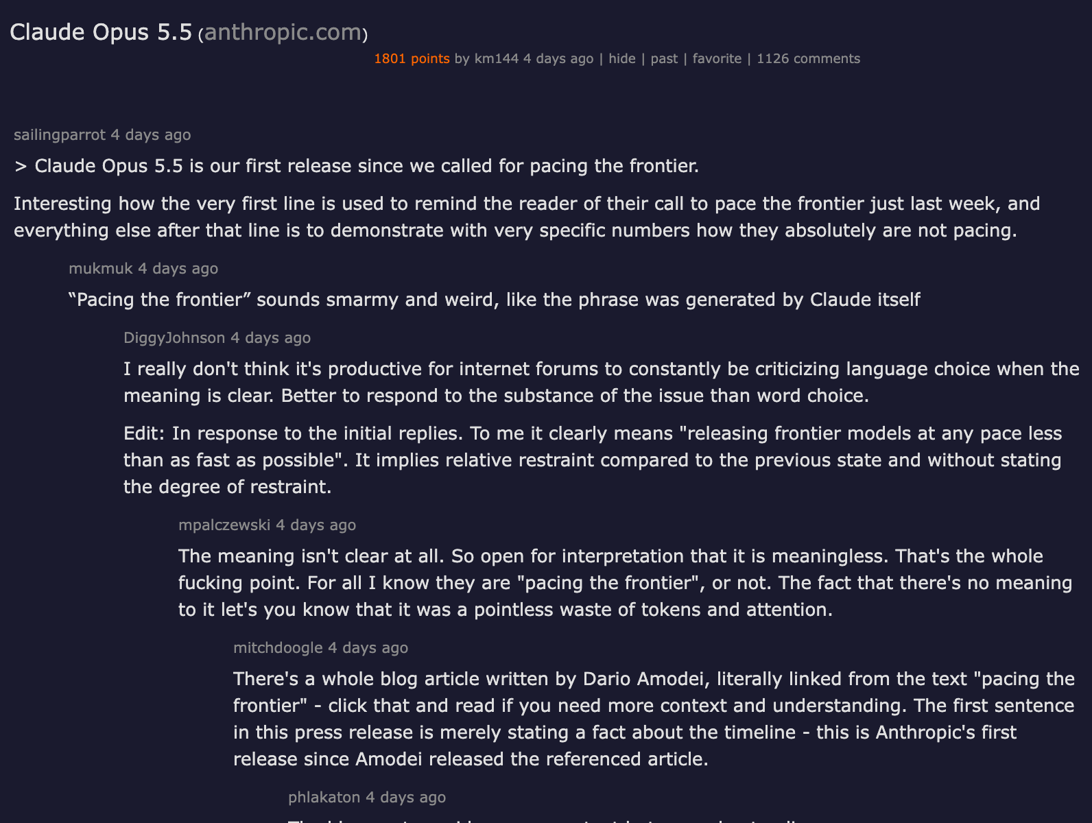 Hacker News discussion on Claude Opus 5.5 launch — 1801 points, 1126 comments
